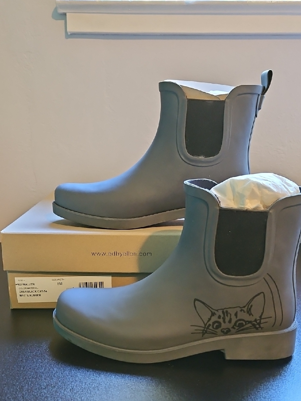 ED-Wallita Matte Rubber Gray Chelsea Rain Boots with Cat Accent